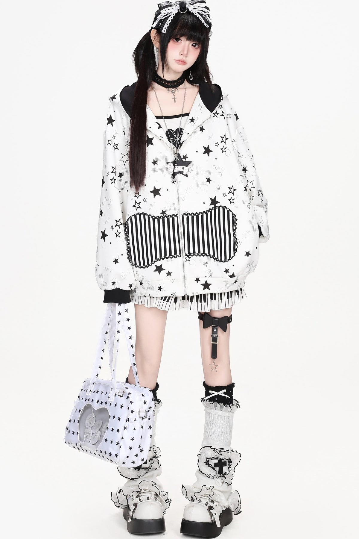 Star Print Hooded Sweatshirt Jacket