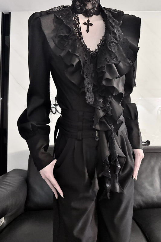 Black Lace Layered V-Neck Blouse