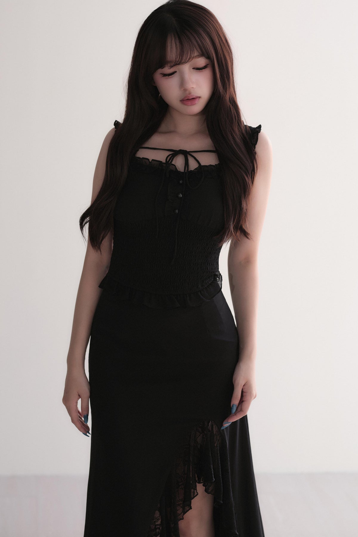 Elegant Ruffle Top & Lace Slit Skirt Set