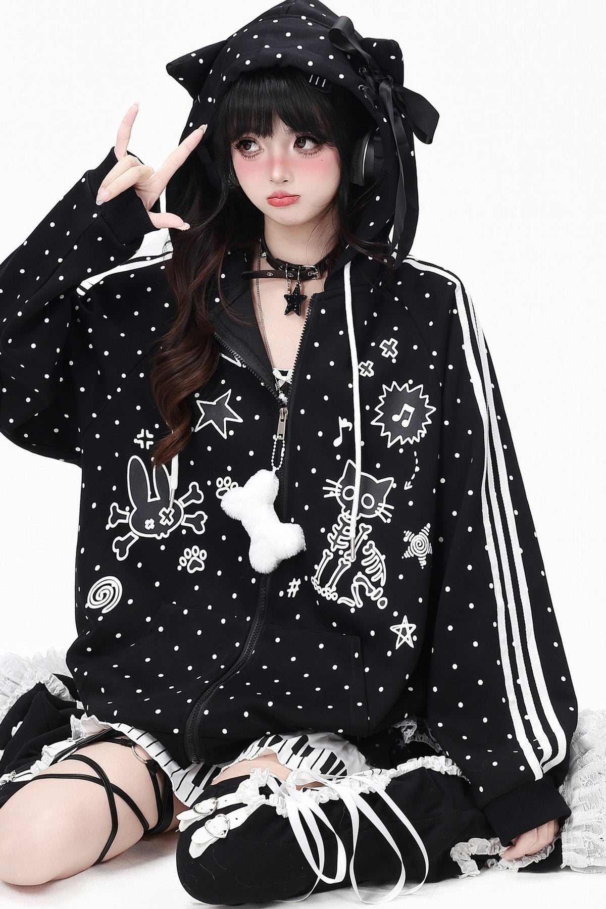 Skull Cat Ear Polka Dot Hooded Jacket