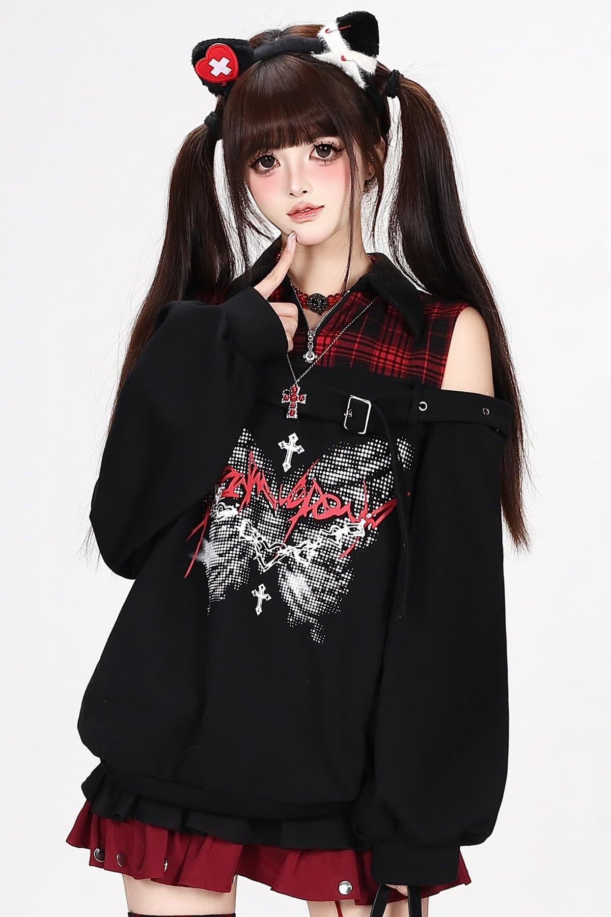 Plaid Butterfly Print Loose Sweatshirt