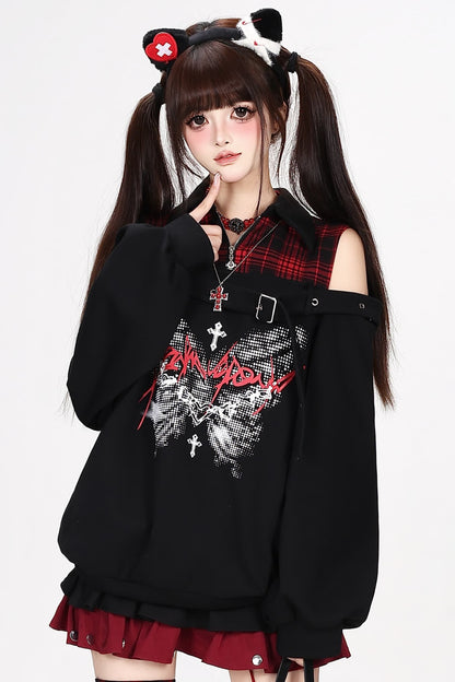 Plaid Butterfly Print Loose Sweatshirt
