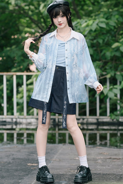 ガーリー鹿プリントストライプシアーシャツ