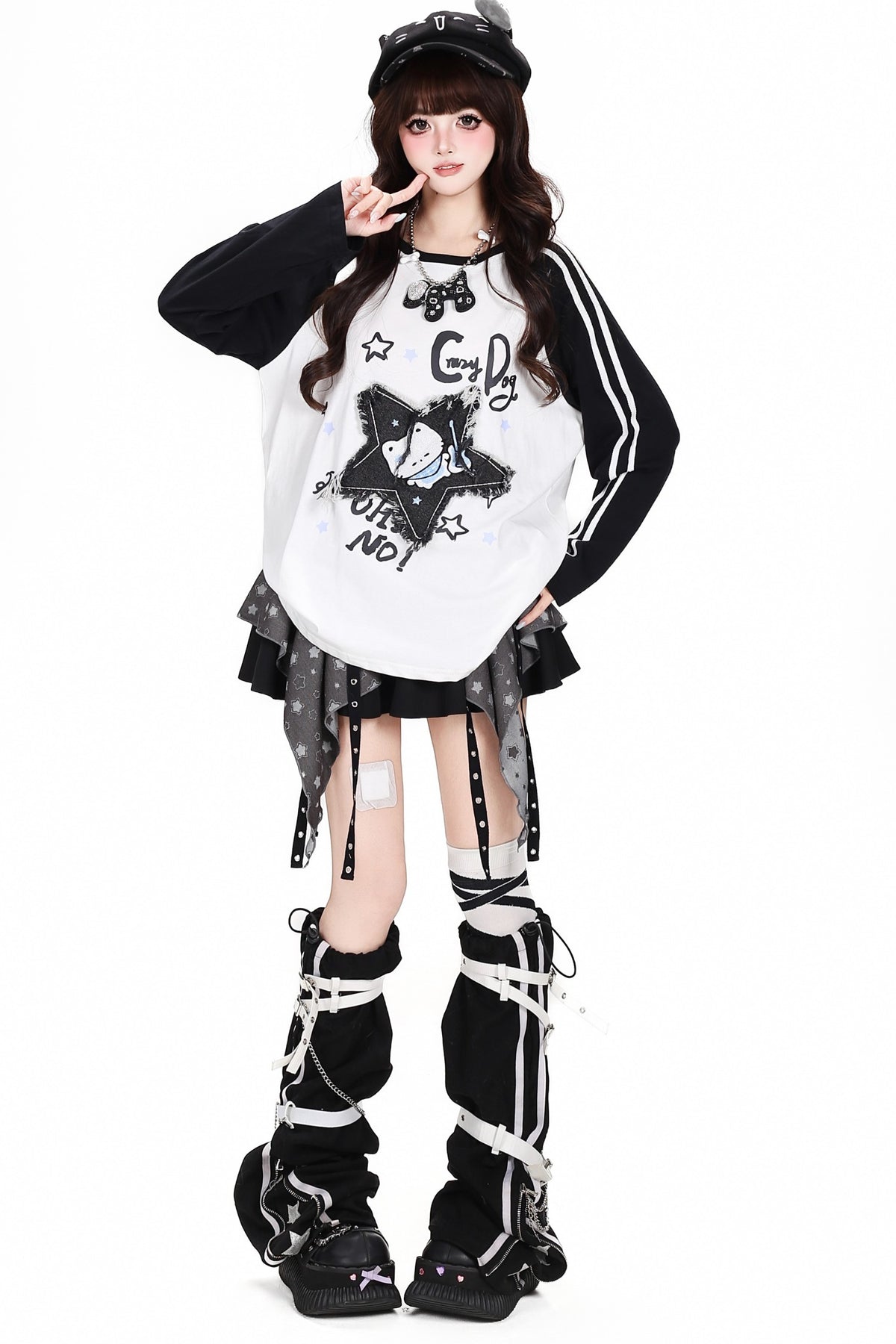 Star Cat Patch Raglan Loose T-Shirt