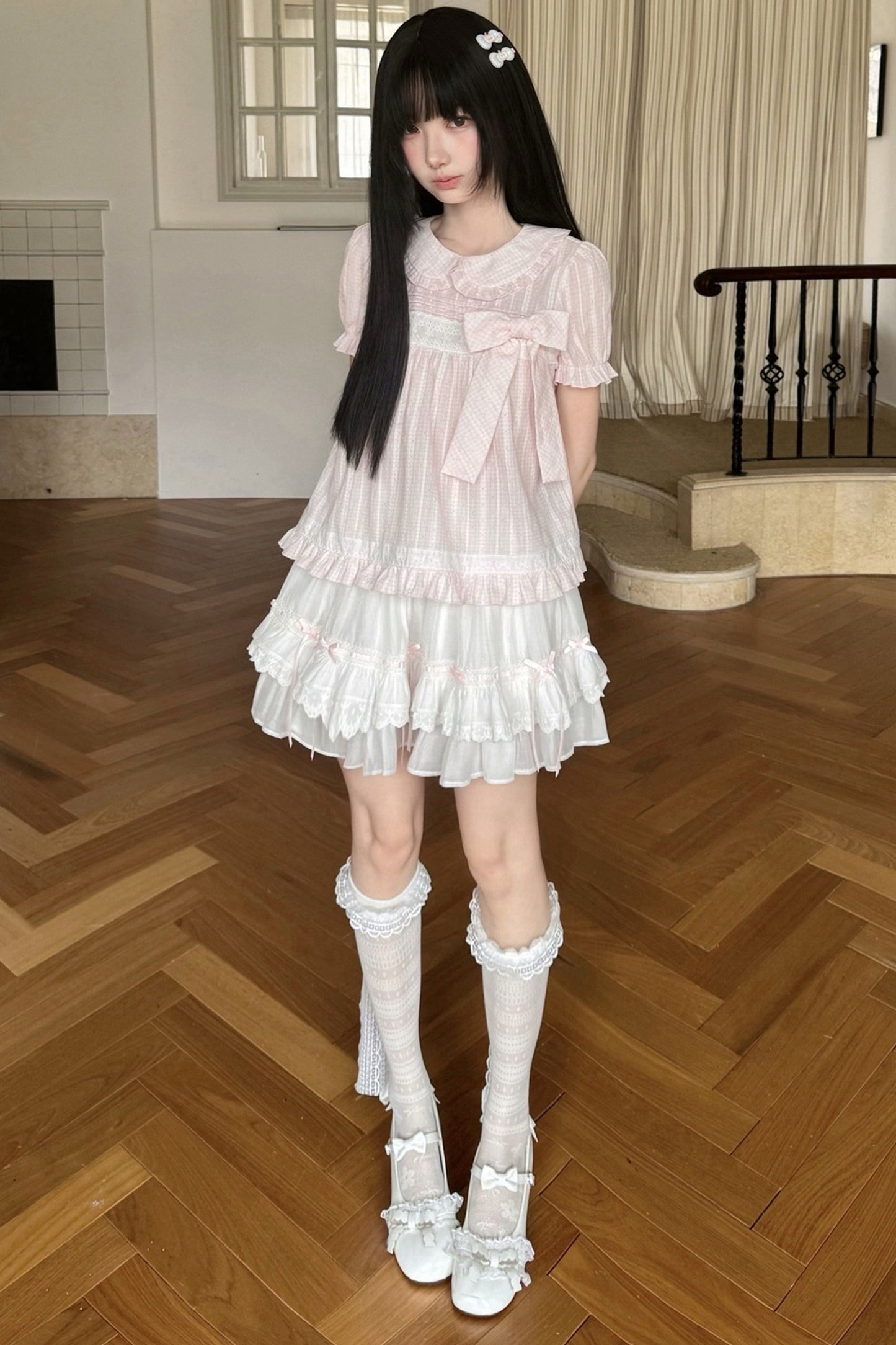 Loose Peach Textured Plaid Doll Shirt And Lace Dress Set-Up