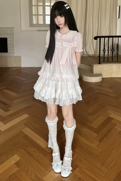 Loose Peach Textured Plaid Doll Shirt And Lace Dress Set-Up