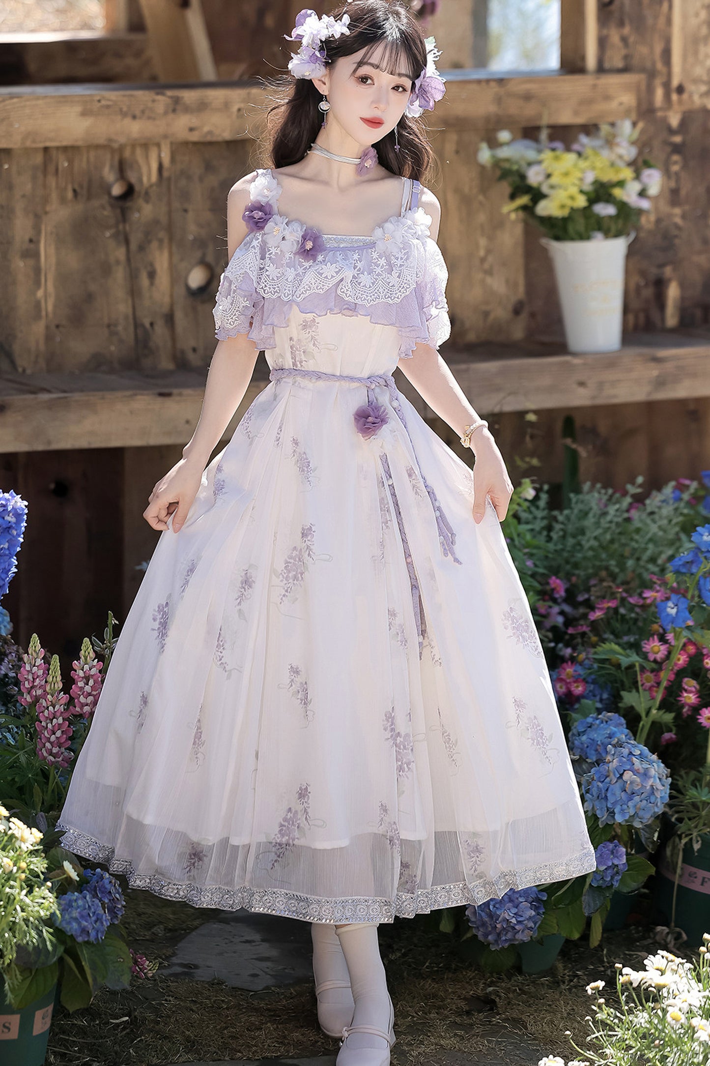Wisteria Flower New Chinese Style Suspender Skirt and Top Set