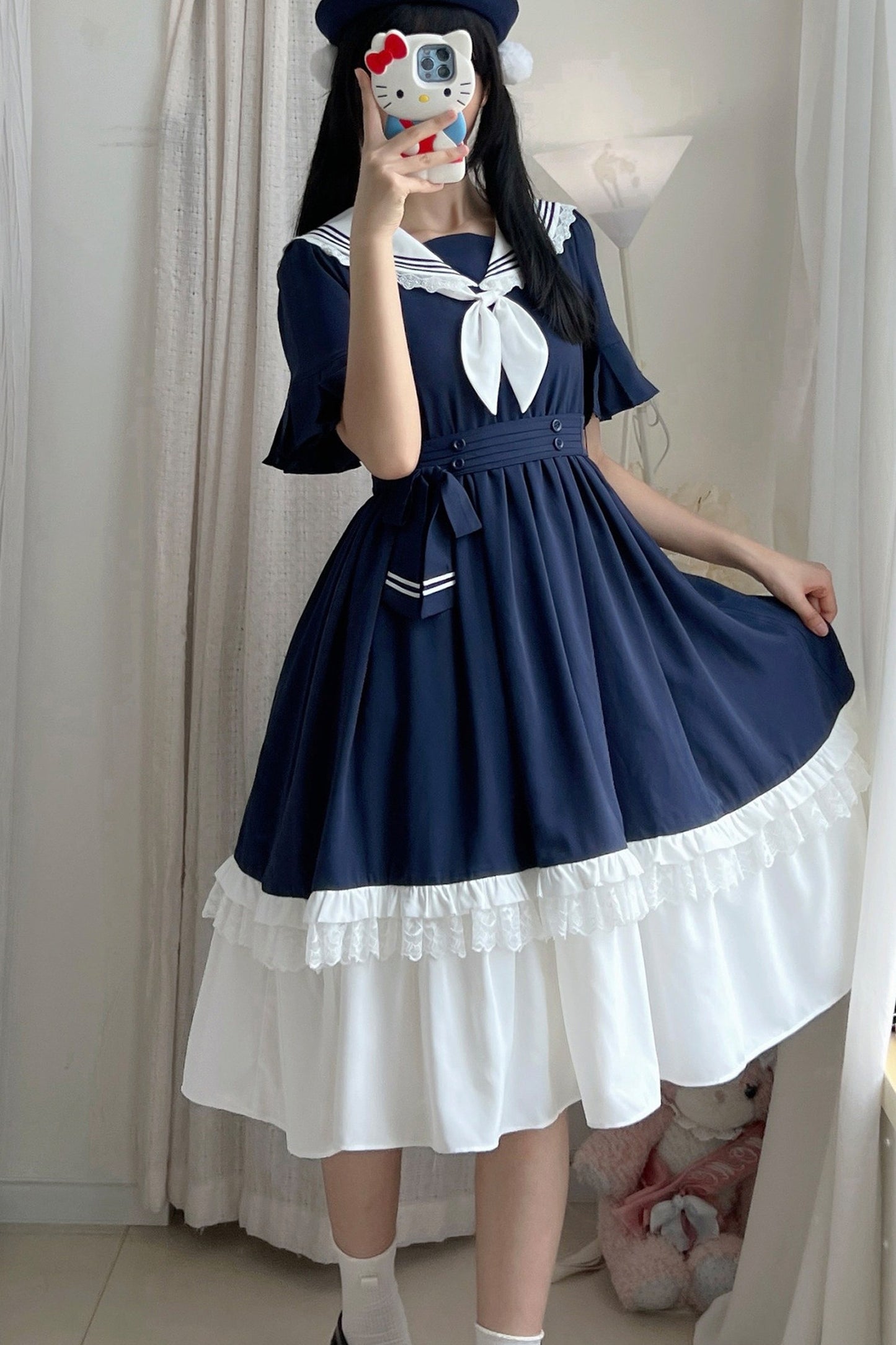 College-Style Ribbon Sailor Collar Flared Dress