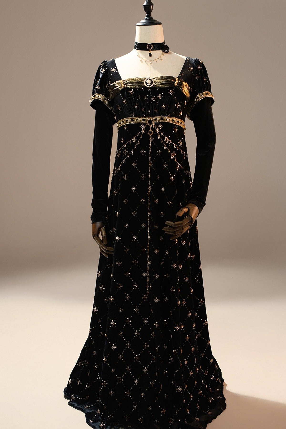 Black Gold Beaded Empire Dress