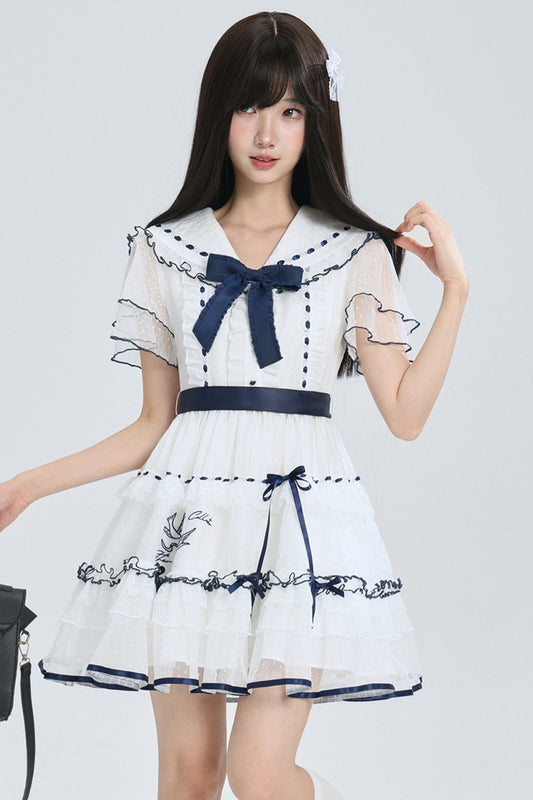 Navy Collar Bird Embroidery Tiered Ribbon Dress