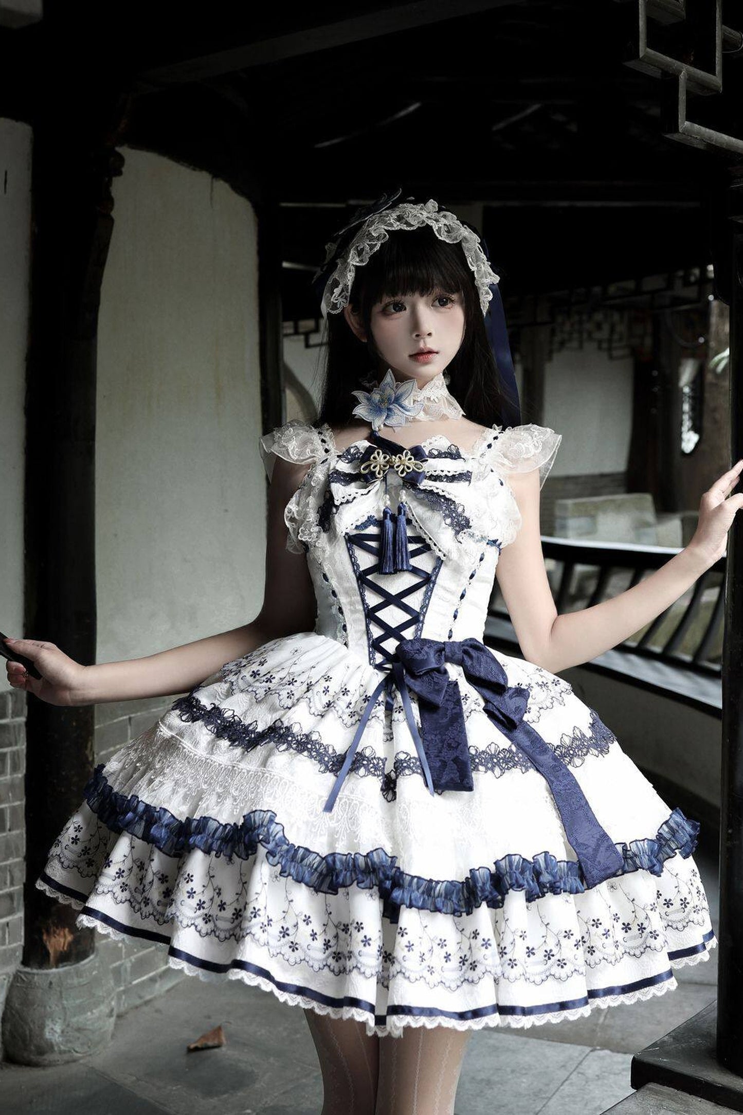 Blue and White Porcelain Jsk Suspender Dress