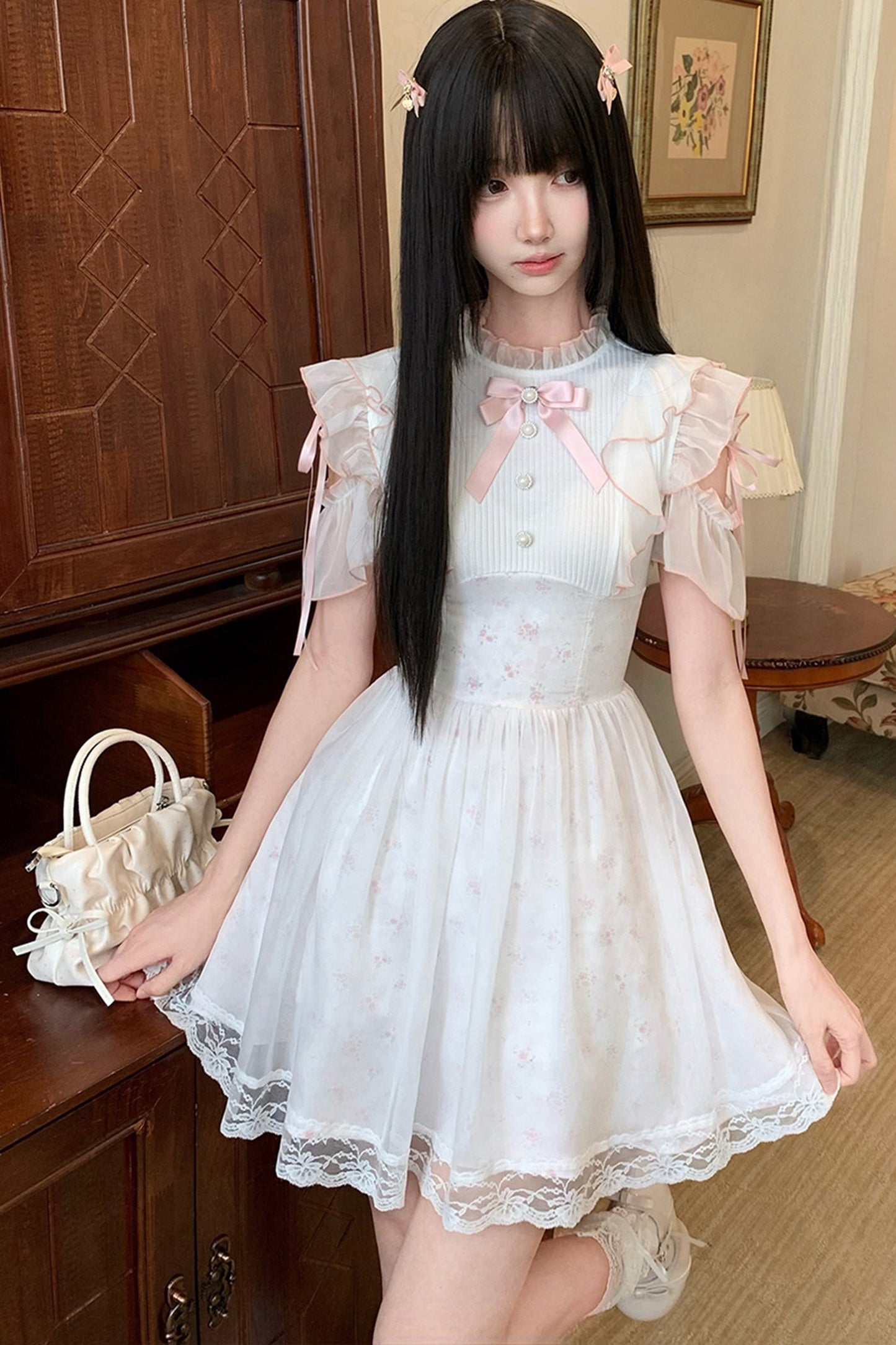 Three-Layer Waist Pearl Button Pink Bow Dress