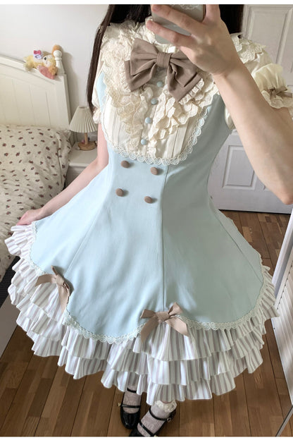 Lace Stand Collar Petal Hem Ruffle Dress