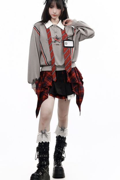 Gray Black Plaid Sweatshirt and Pants Set-Up
