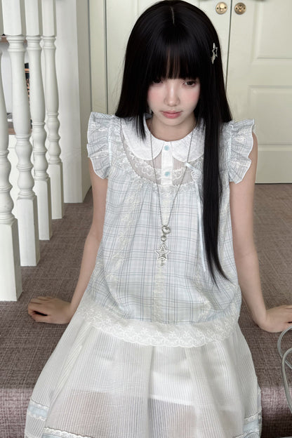 Light Blue Plaid Loose Doll Top and Skirt Set-Up