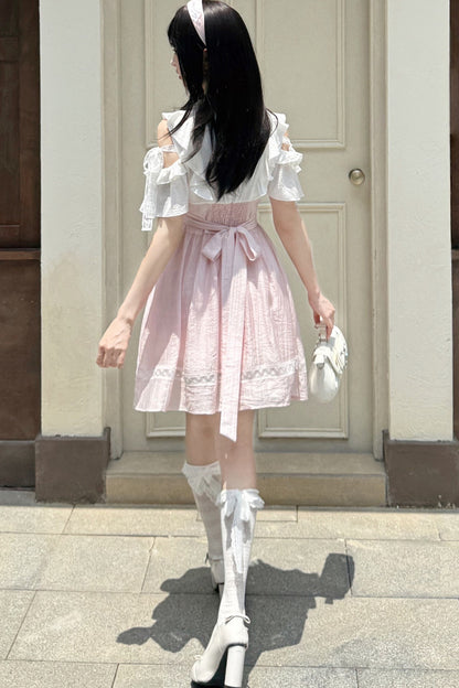 Rosa-weißes schulterfreies Kleid im Lagenlook