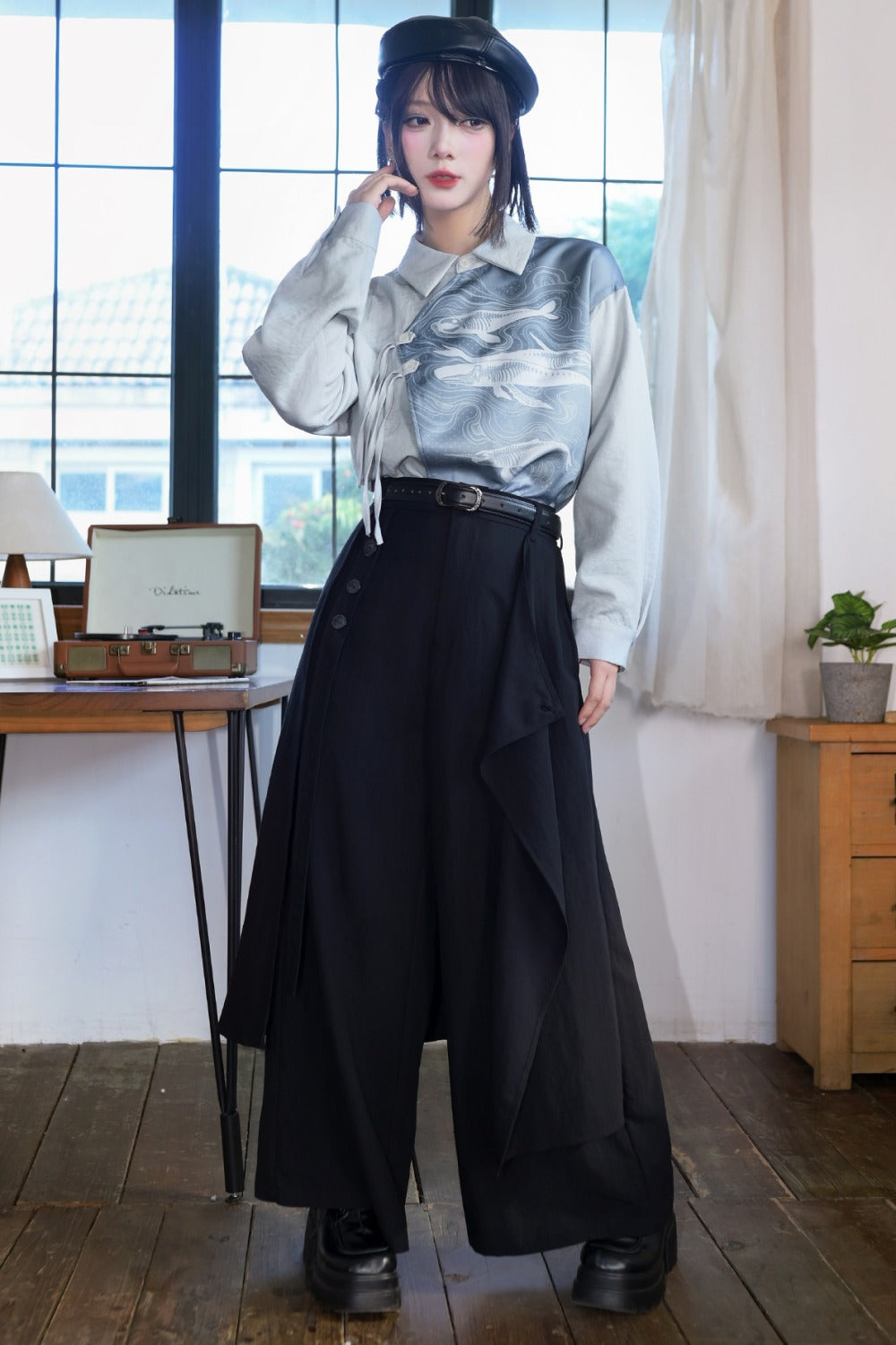 Asymmetrical Whale Print Slanted Placket Shirt