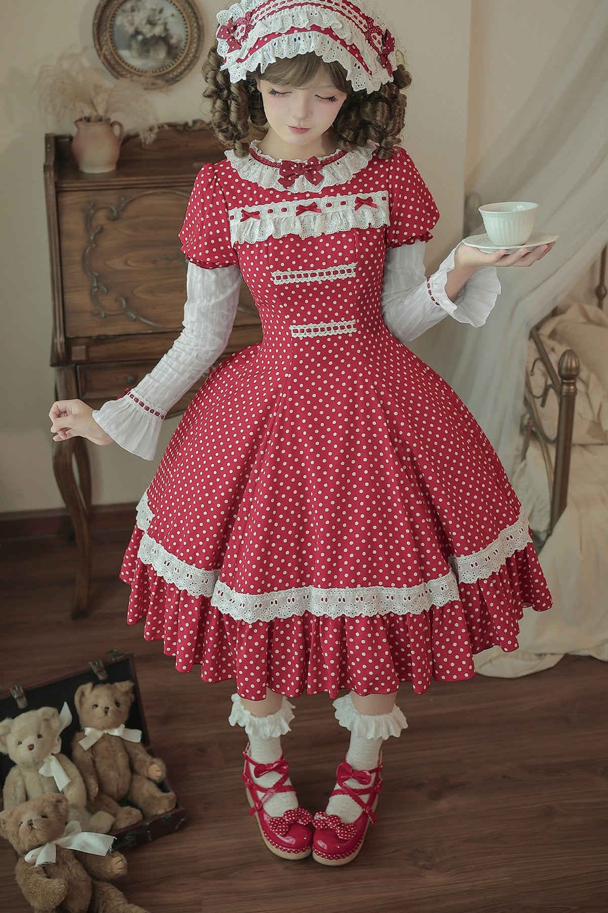 Polka Dot Ruffled Dress With Base Top Set-Up