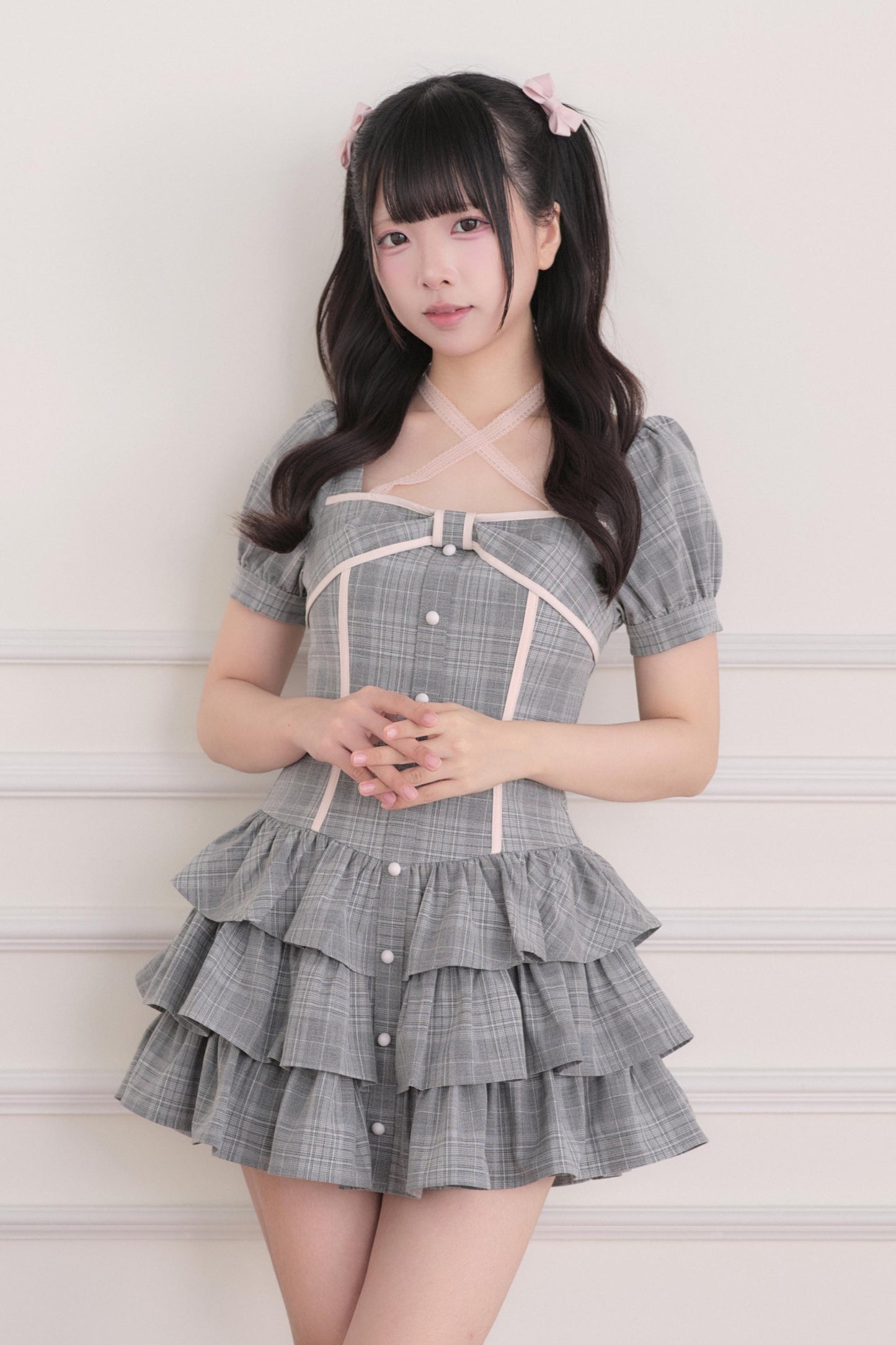 양산형 체크 프릴 미니 원피스+쇼츠