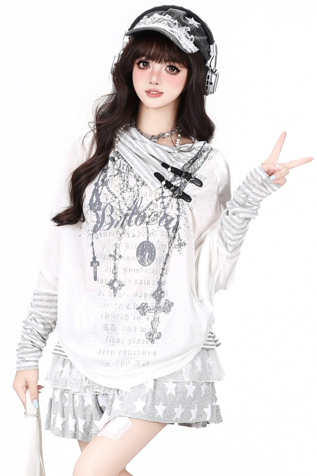 Gothic Print Striped Base Layer Top