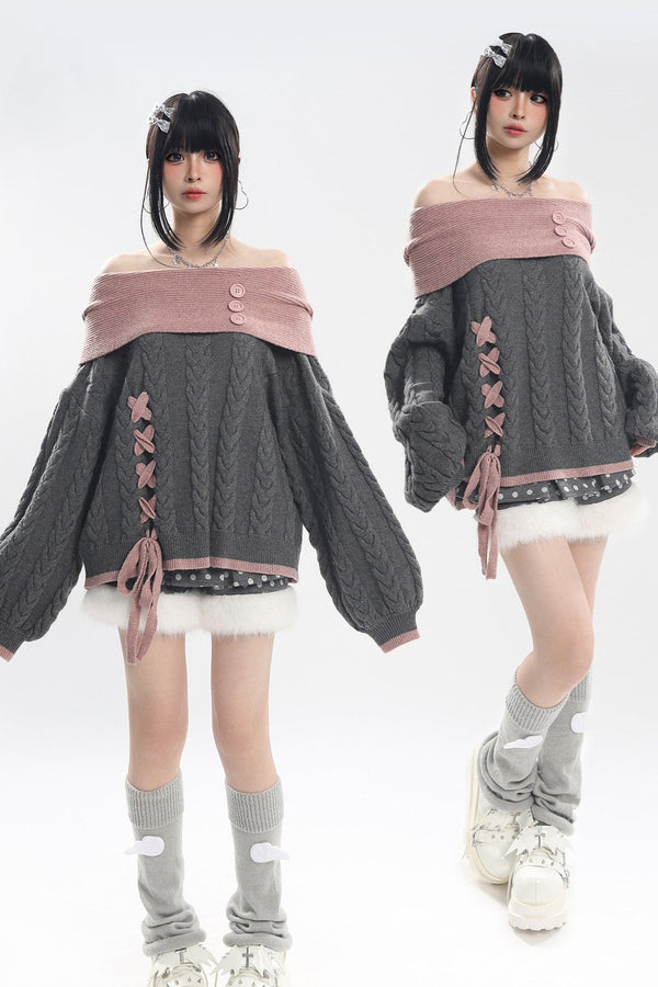 Off-Shoulder Cat Heart Knit Sweater