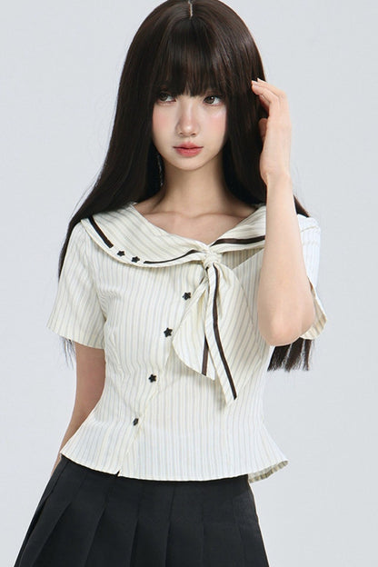 Striped Navy Collar Star Button Blouse