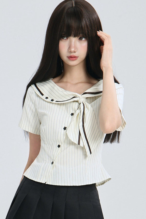 Striped Navy Collar Star Button Blouse