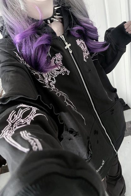 Long sleeve拉鍊連帽做舊刺繡外套