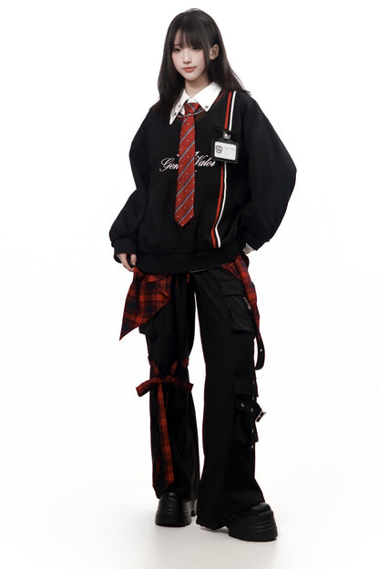 Gray Black Plaid Sweatshirt and Pants Set-Up