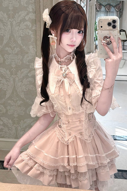 Cherry Short-Sleeved Lace Collar Shirt and Skirt Set-Up