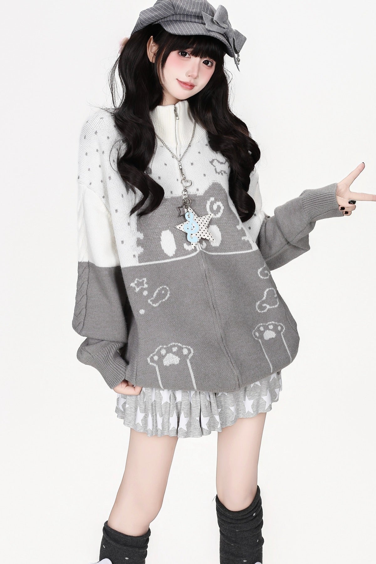 Cat Themed Color-Block Knit Cardigan