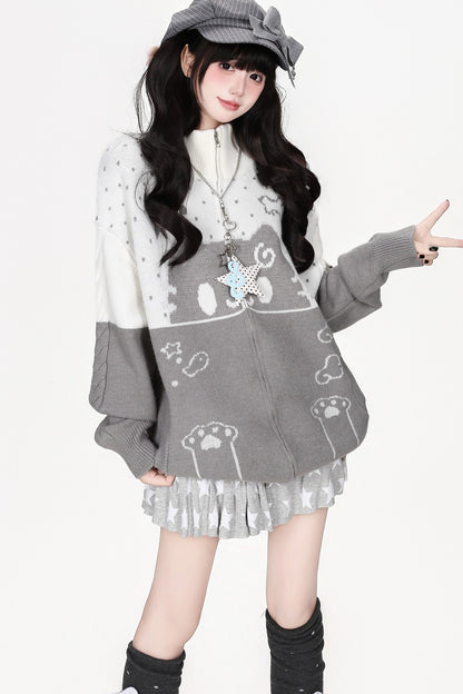 Cat Themed Color-Block Knit Cardigan
