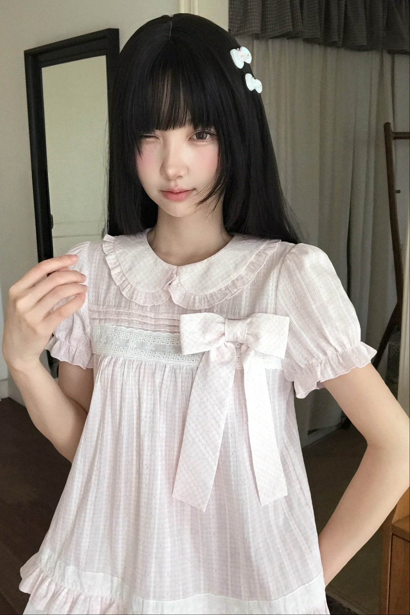 Loose Peach Textured Plaid Doll Shirt And Lace Dress Set-Up