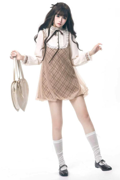Brown Plaid Puff Dress