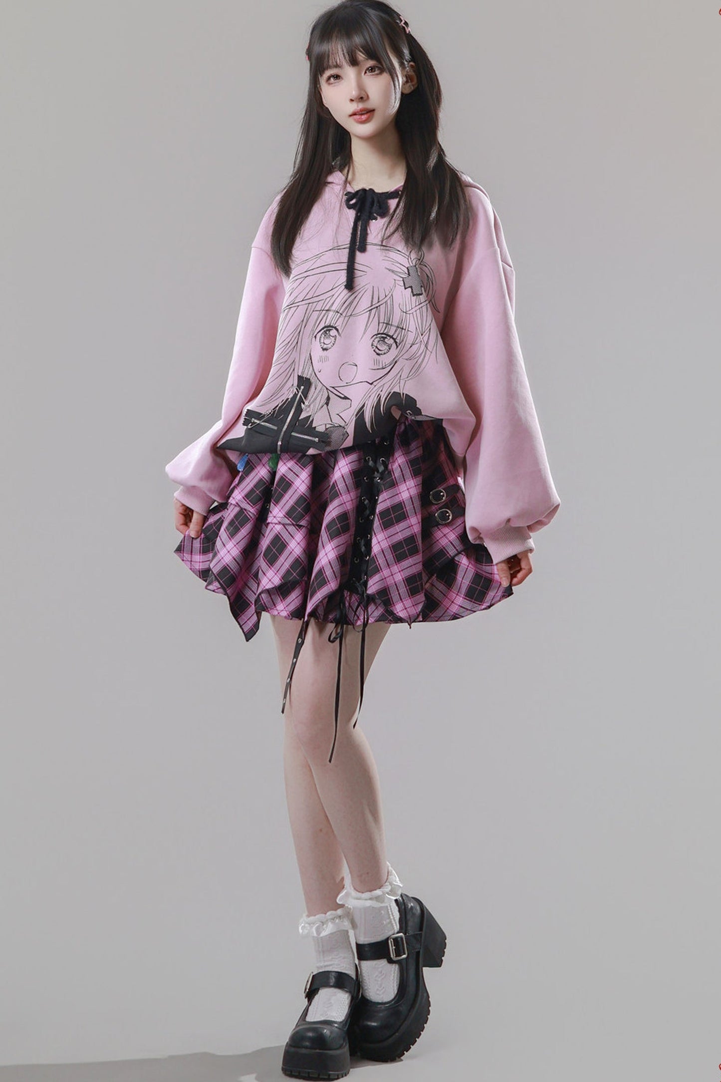 Pink Plaid Chain Tiered Skirt