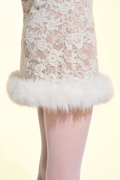 Lace Fur-Trimmed Long Sleeve Dress