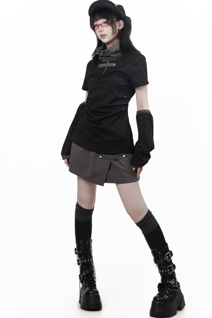 Black and Gray Stand-Up Collar Summer Short Skirt Set-Up