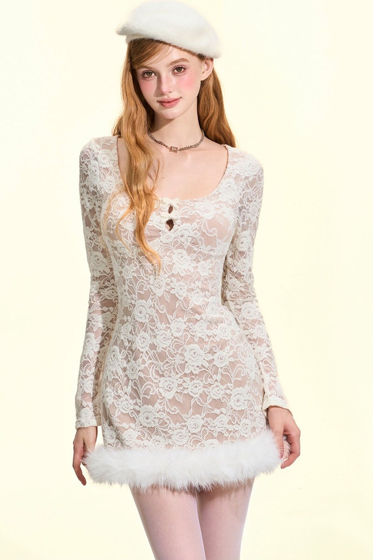 Lace Fur-Trimmed Long Sleeve Dress
