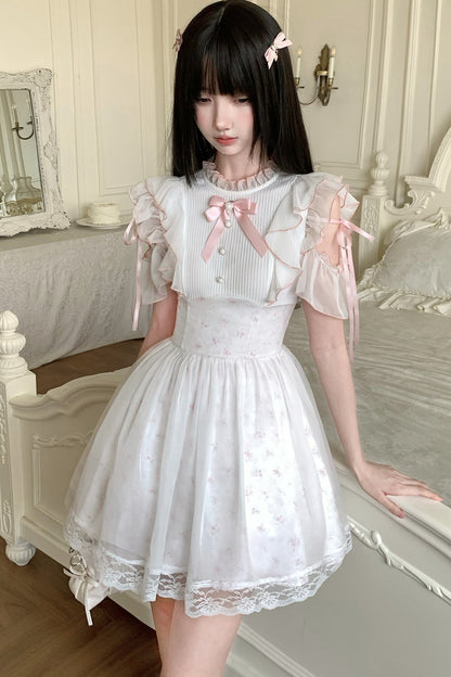 Three-Layer Waist Pearl Button Pink Bow Dress