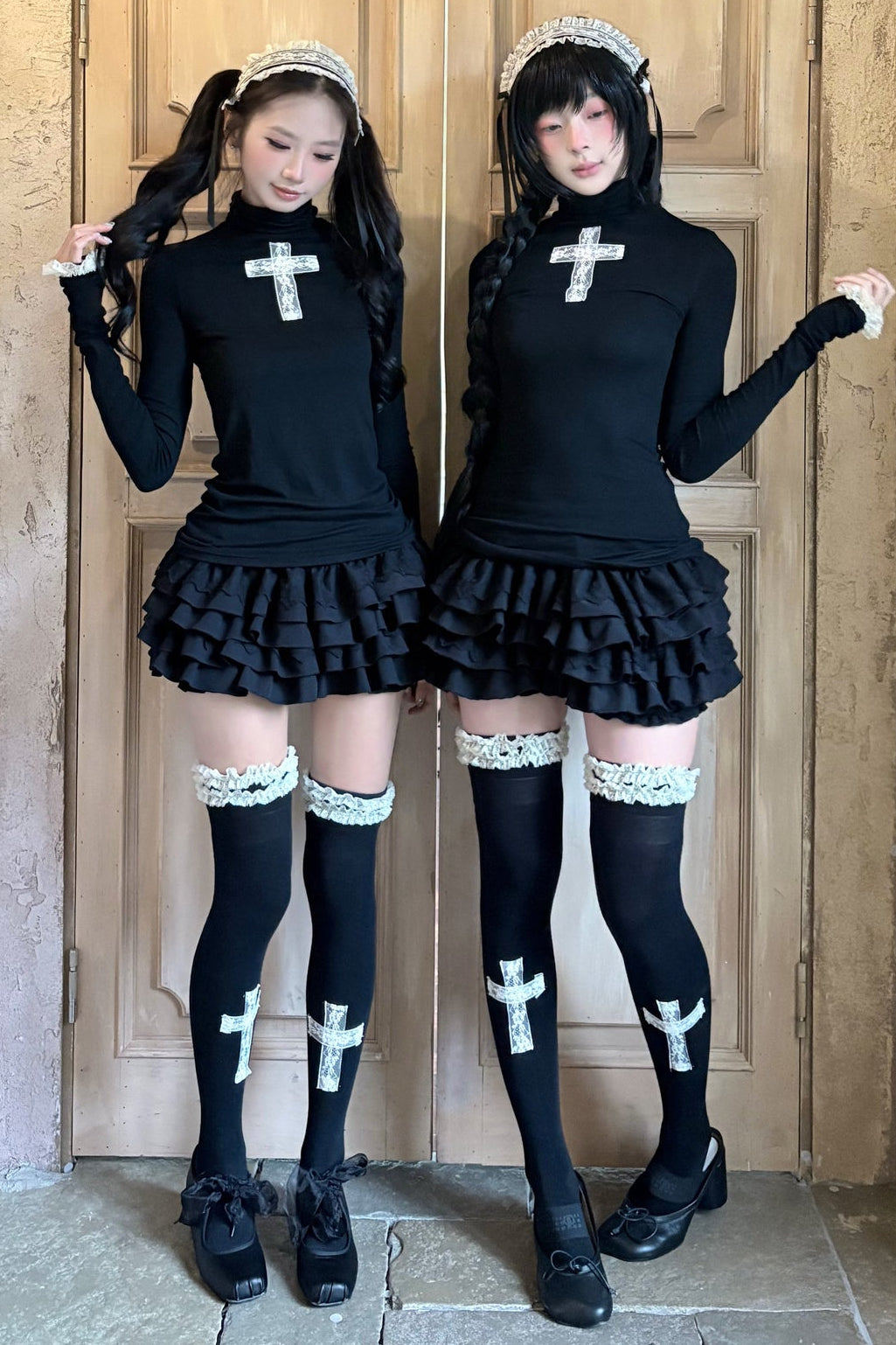 Lace Cross Black Base Shirt and Patchwork Tutu Skirt Set-Up