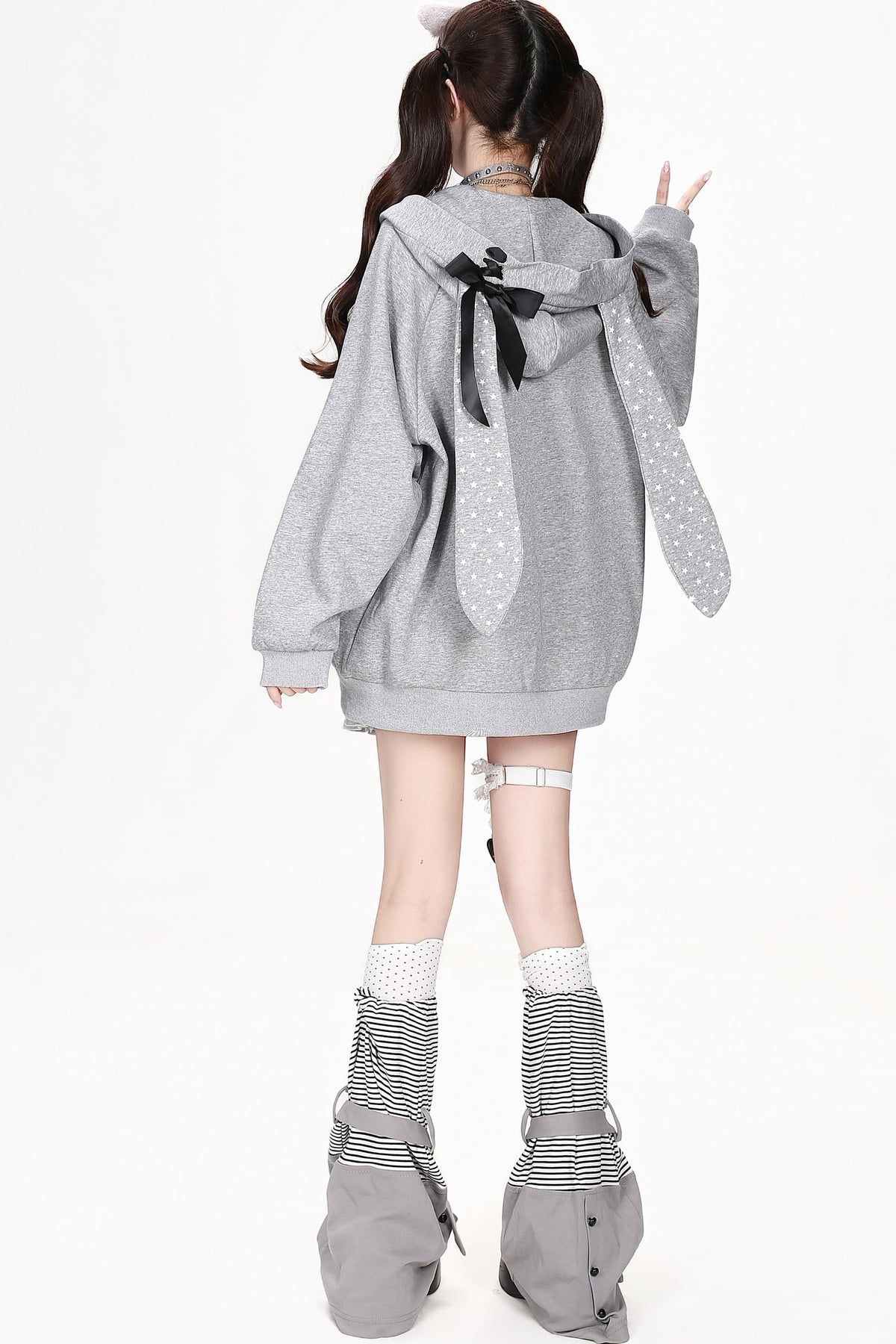 Polka Dot Rabbit Ears Hooded Jacket