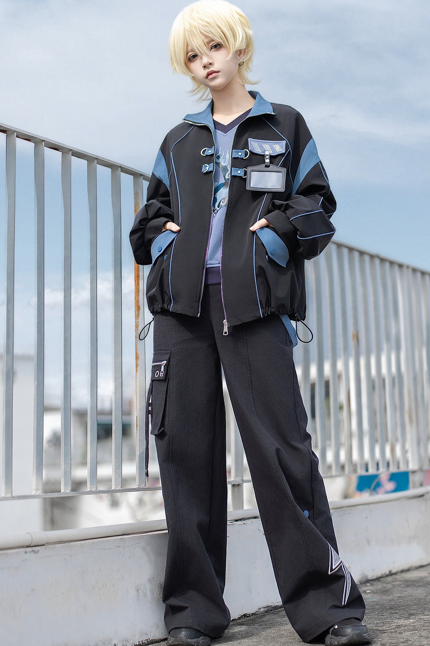 Schwarz-blaues Colorblock-Workwear-Jacken-Sweatshirt und weite Hose im Set