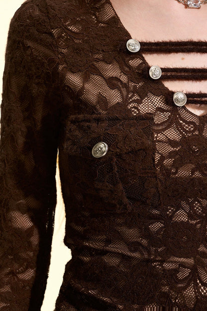 Metal Buckle V-Neck Lace Blouse