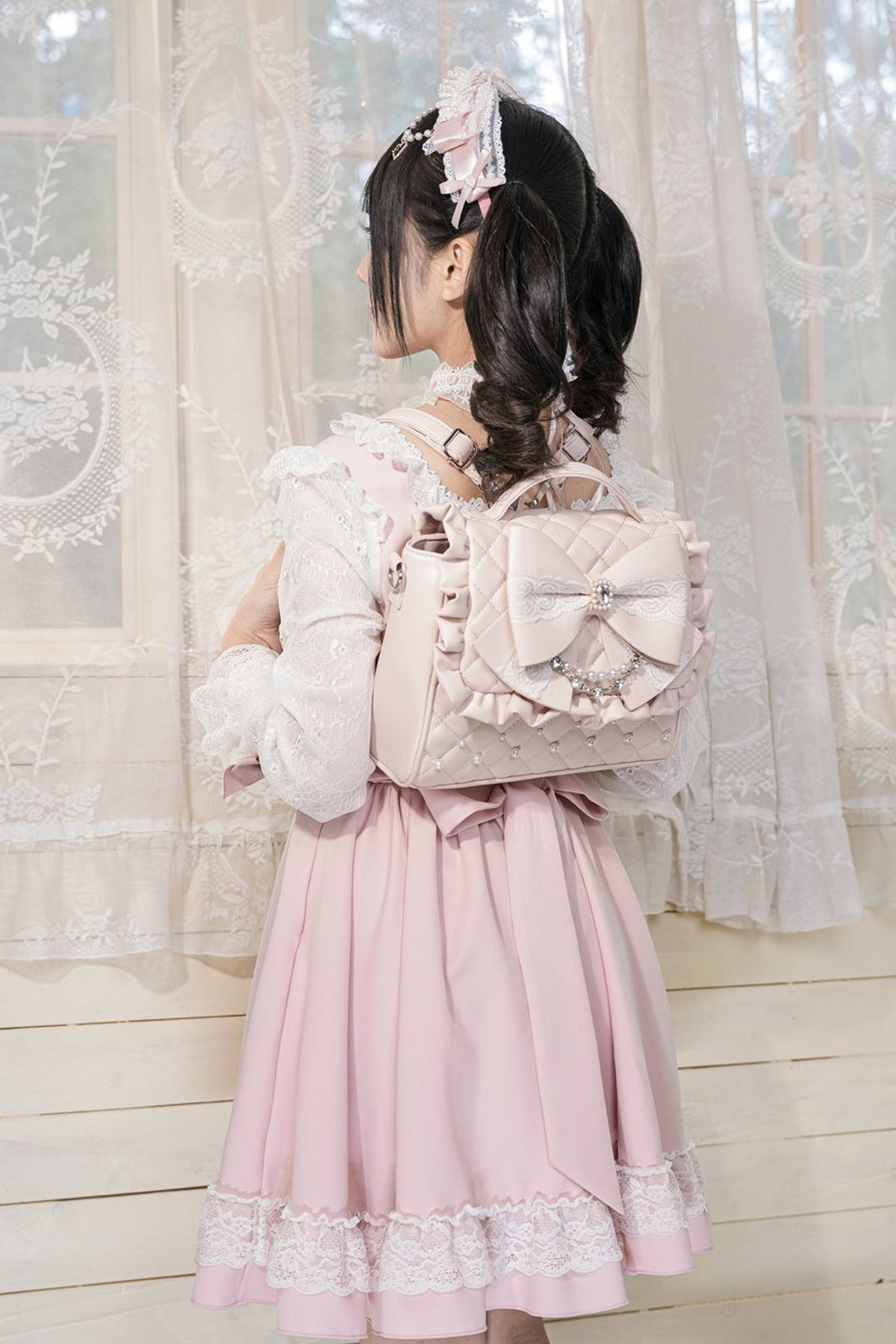 Lace Bow Dress With Hairband+Neck Ring