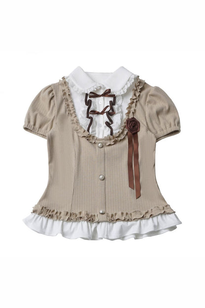 Rose Brown Lace Knit Top + Skirt