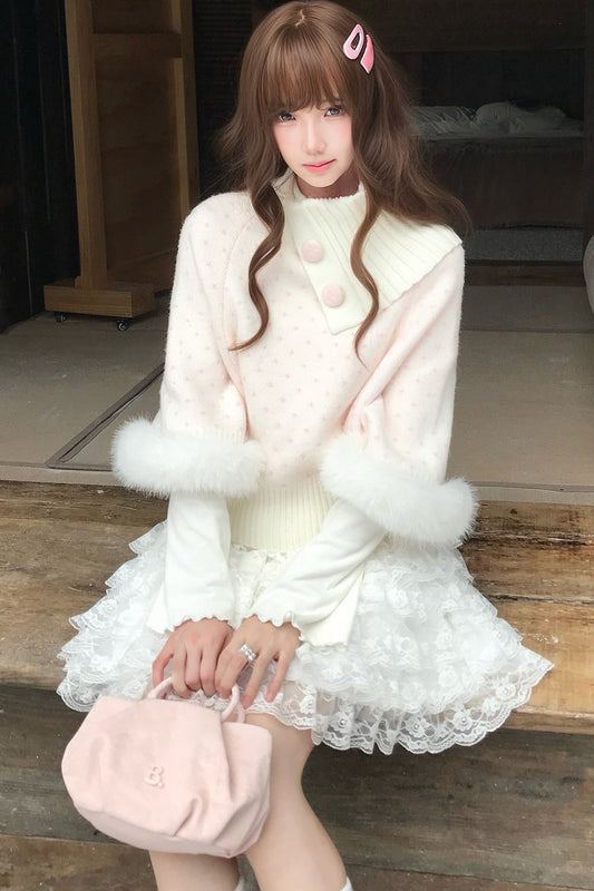 Pink Furry Cape Sweater and Skirt Set