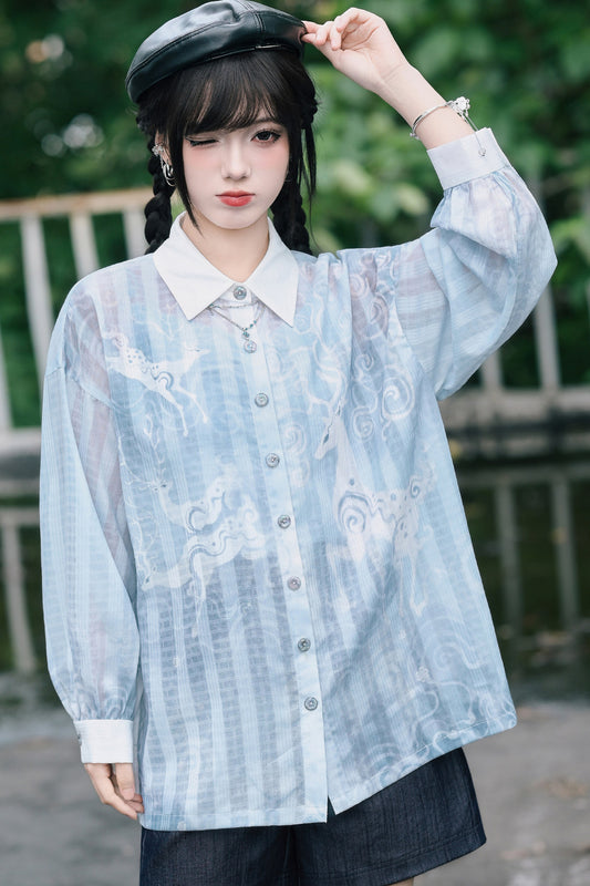 Girly Deer Print Striped Sheer Shirt