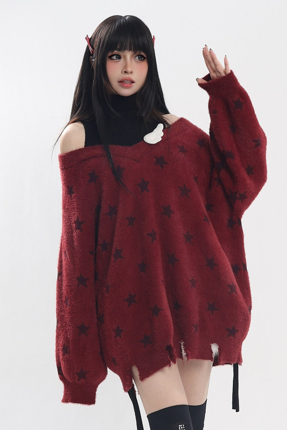 Star Off-Shoulder Layered-Look Sweater