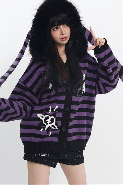 Y2K Purple Striped Fur Collar Cardigan