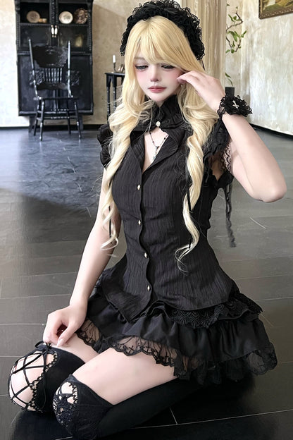 Schwarzes Gothic-Kurzarmhemd mit gestuftem Stufenrock-Set